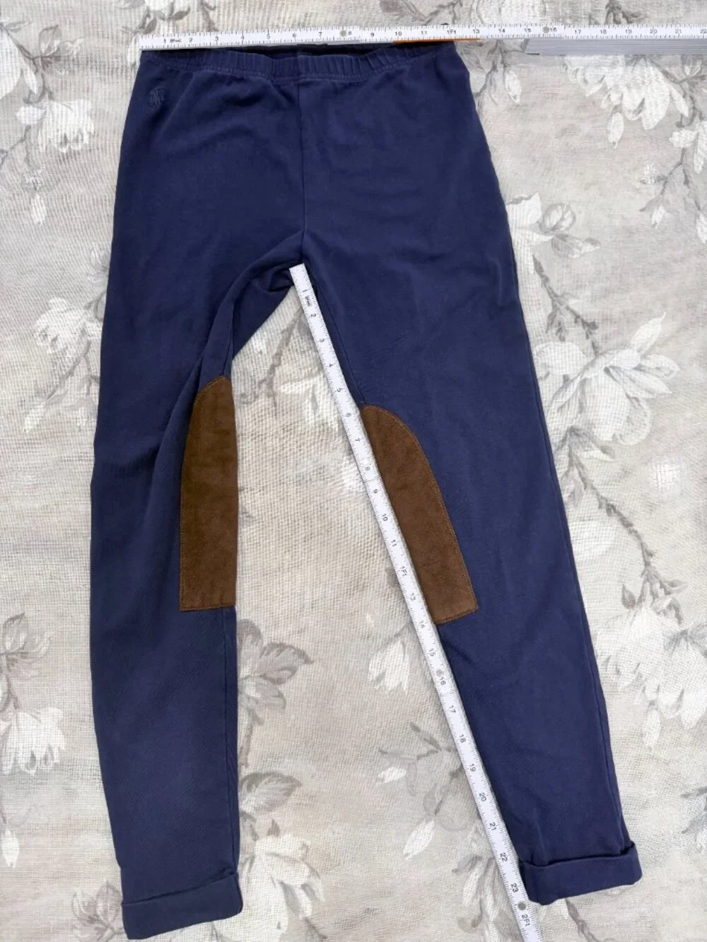 Ralph Lauren Navy Equestrian Leggings XL Girl's 16 Brown Knee Patch Riding Pants